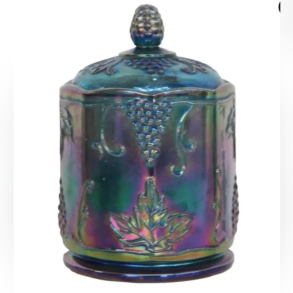Mid 20th Century Indiana Blue Carnival Glass Harvest Grape Pattern Candy Jar